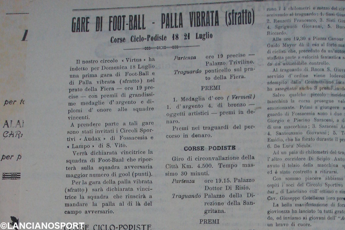 Virtus-Lampo, la prima sfida tra Lanciano e San Vito nel 1920