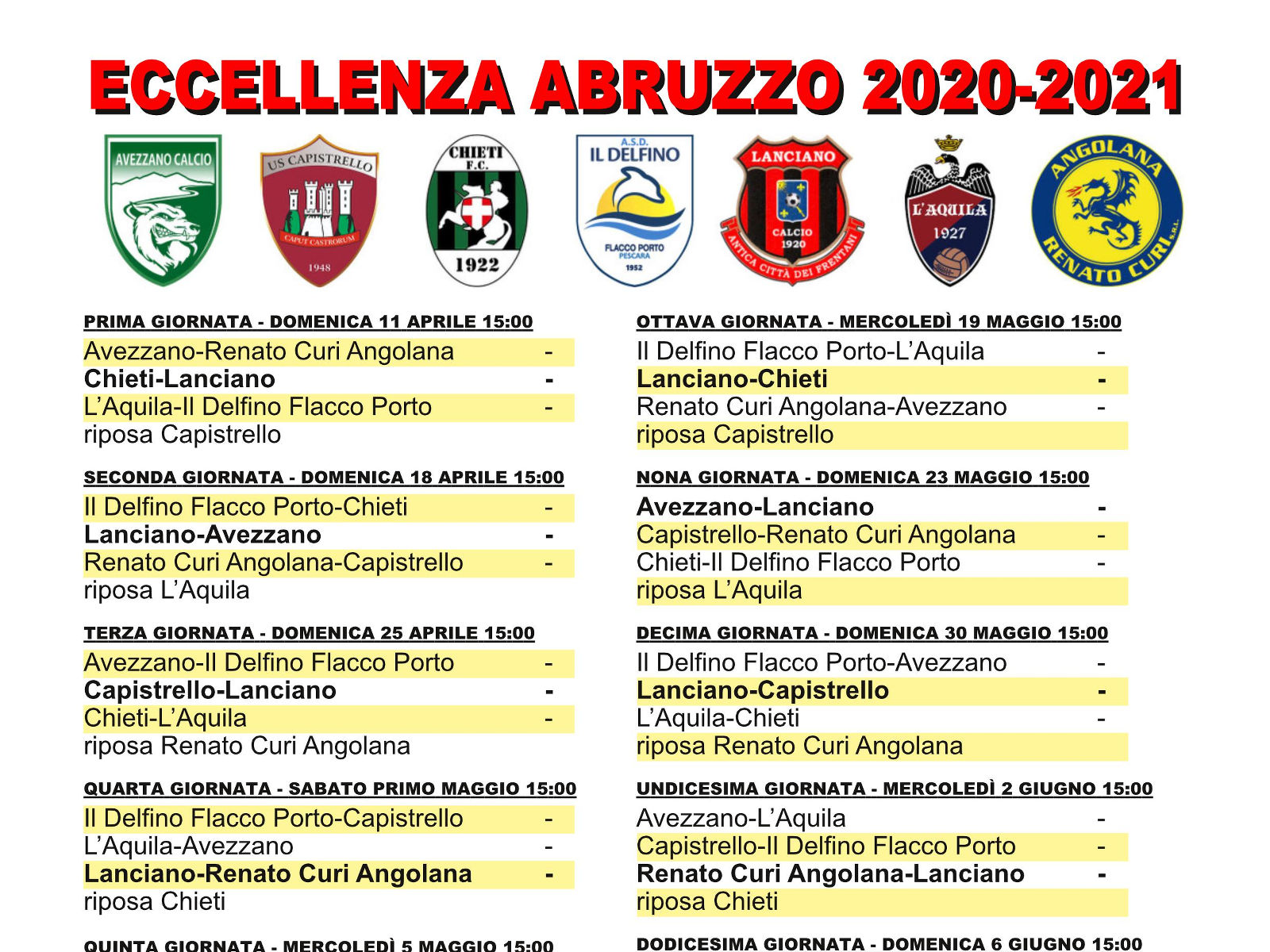 Il calendario completo dell’Eccellenza da scaricare in pdf o jpg